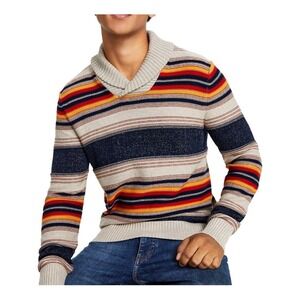 Sun + Stone Men's Large Blue Blanket Stripe Shawl Pullover Sweater 100% Cotton